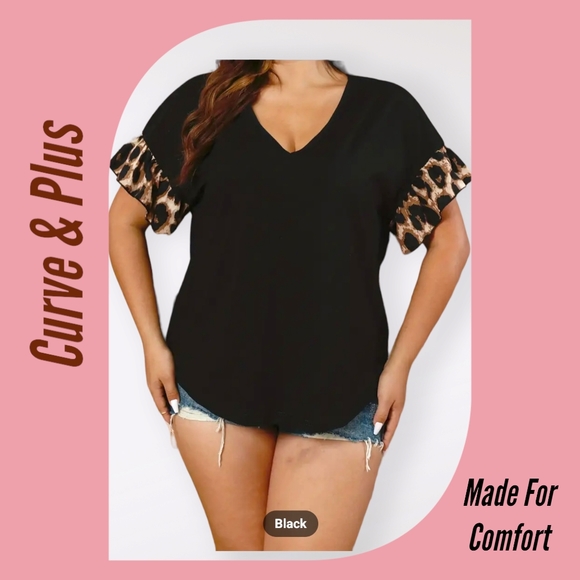 GORGEOUS!! Women's Plus Size Black Casual Top with Leopard Print Short Sleeves ✨ - Picture 3 of 11